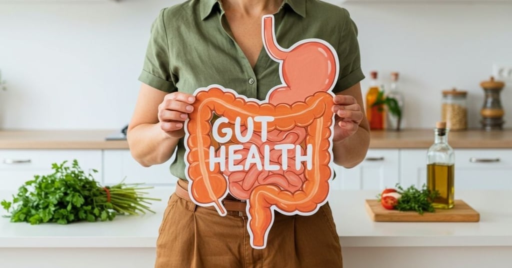 person standing in kitchen holding illustrated cut out of digestive system