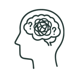 infographic persons head with messy lines and question marks in brain