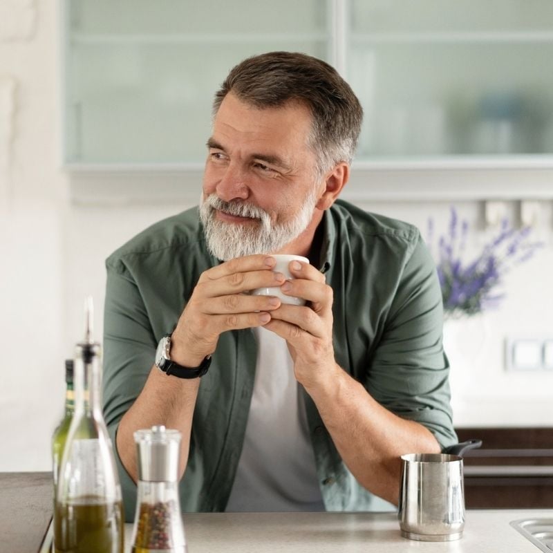 older man sitting at kitchen bench holding cup of coffee in both hands smiling