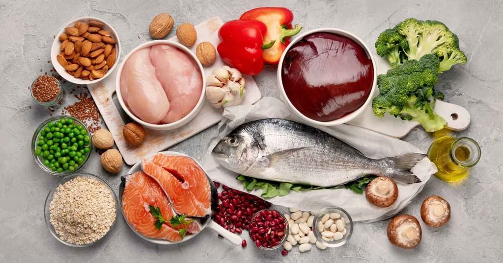 flat lay of nutritious food including fish salmon chicken