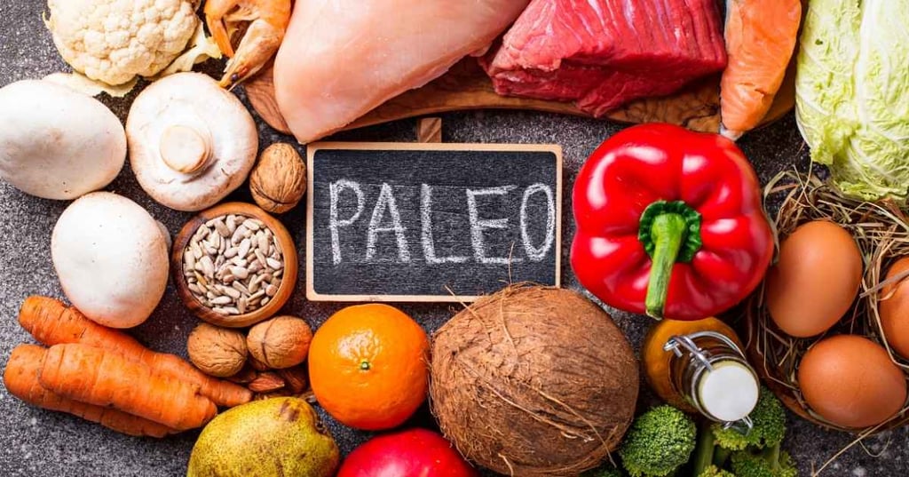 paleo-hero flat lay fresh paleo food ingredients surrounding mini black board with word paleo