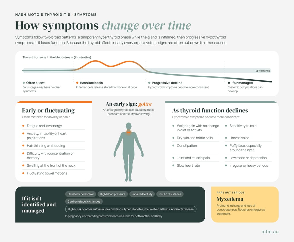 infographics showing a continuum of thyroid hormone in blood stream against typical range and corresponding symptoms