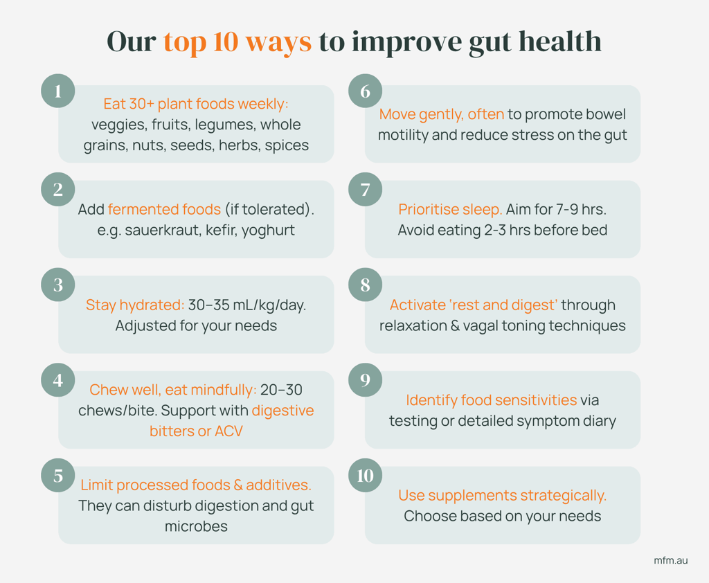 infographic displaying ten shaded blocks with strategies to improve gut health