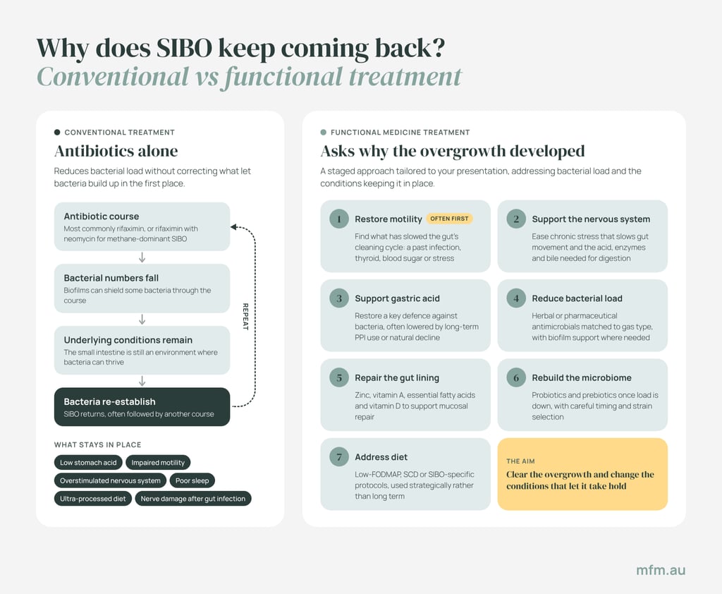 sibo-conventional-and-functional-treatment infographic comparing conventional treatment approach for sibo with functional medicine root cause approach