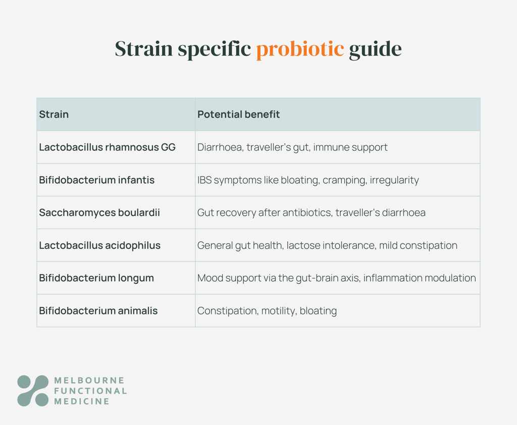 two column table describing probiotic strain and potential benefits