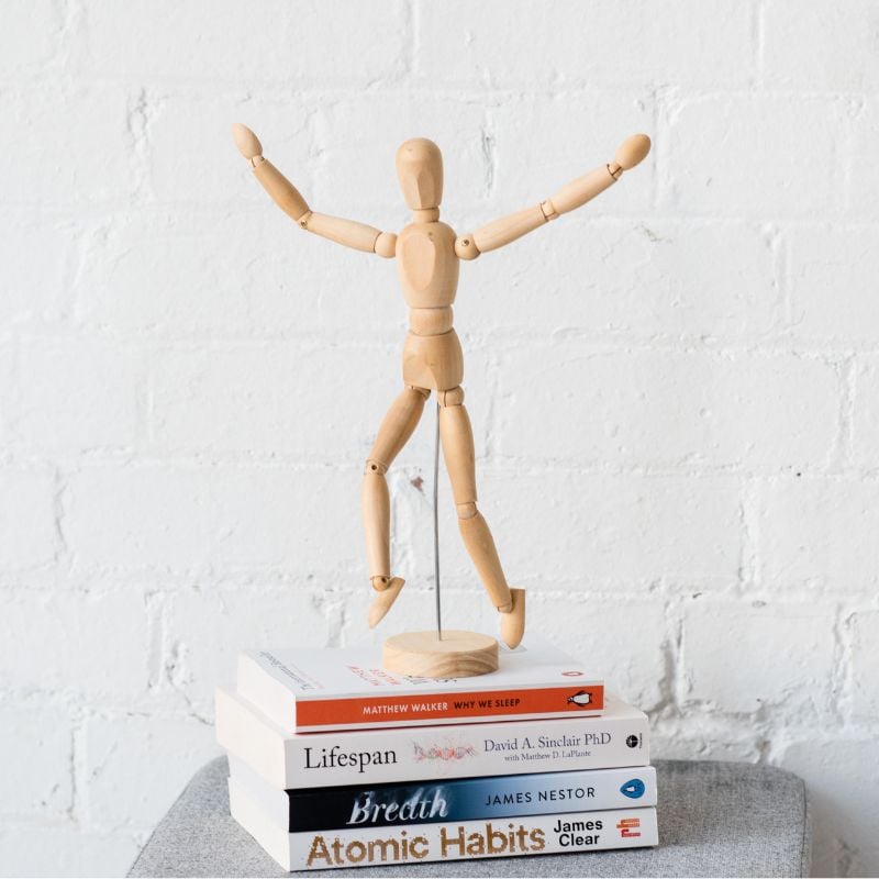 melbourne-functional-medicine-about-greater-good-s2 wooden figurine jumping for joy positioned on top wellness books